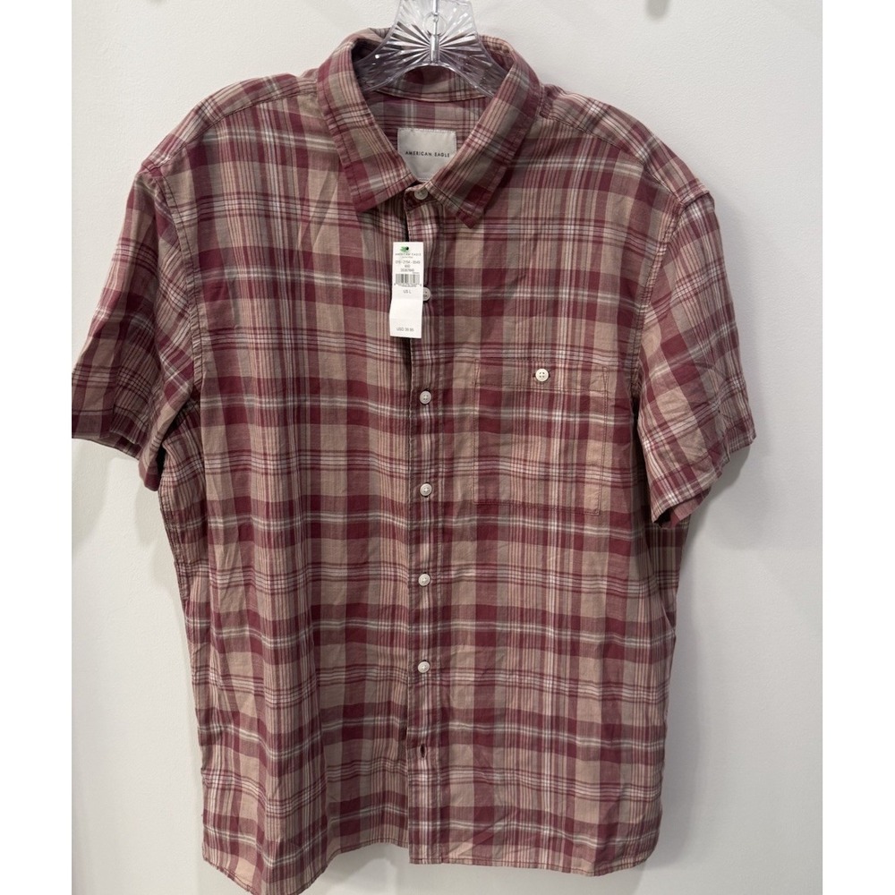 American Eagle Outfitters Size L Mens Cotton Plaid Button Up Shirt Red Brown NWT
